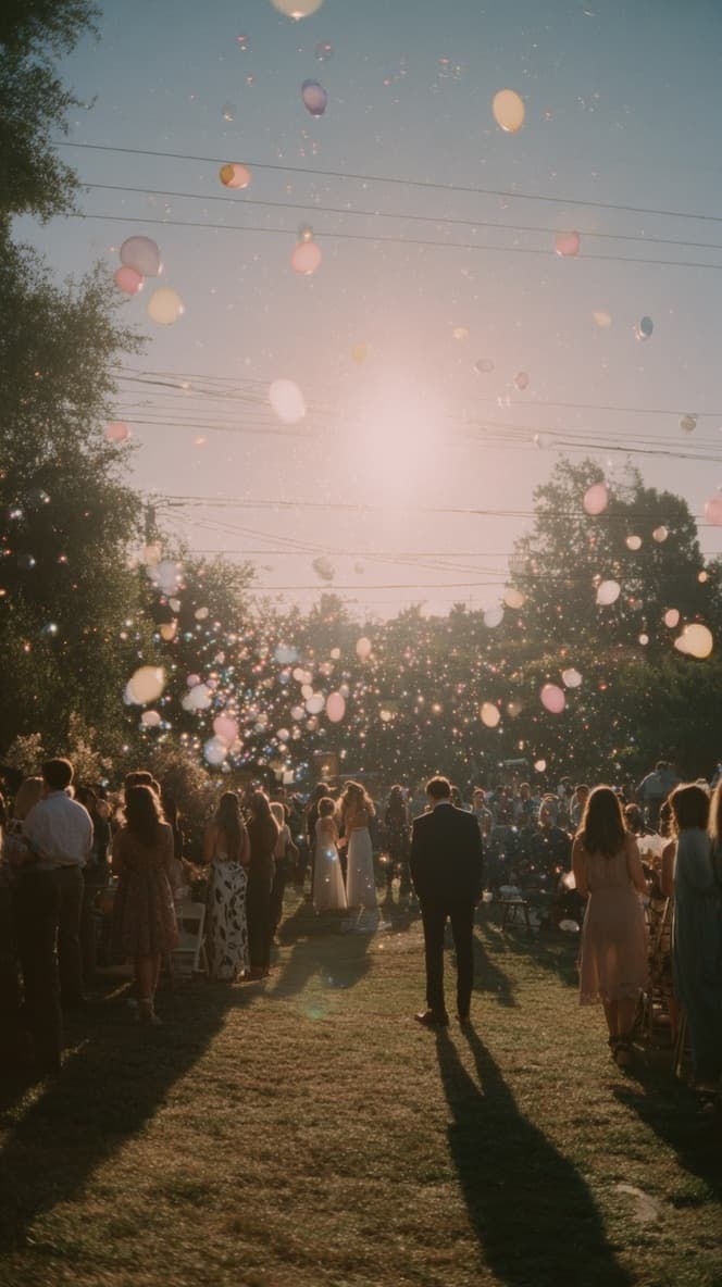 Guests watching balloons float into a sunset sky