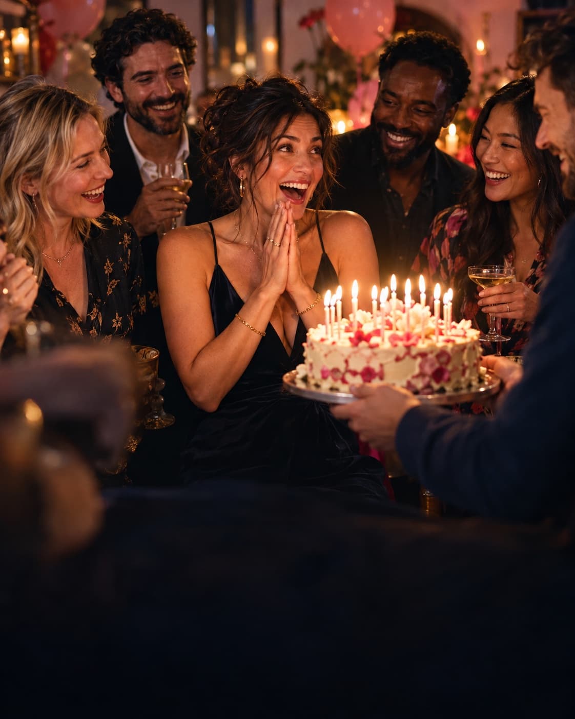 Birthday celebrant delighted by a candlelit cake, surrounded by friends