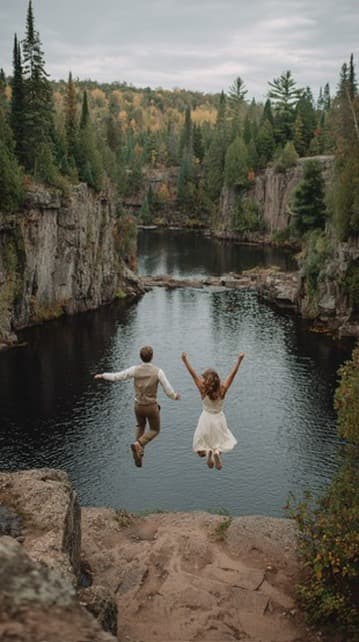Newlyweds jumping hand in hand into a lake from a cliff