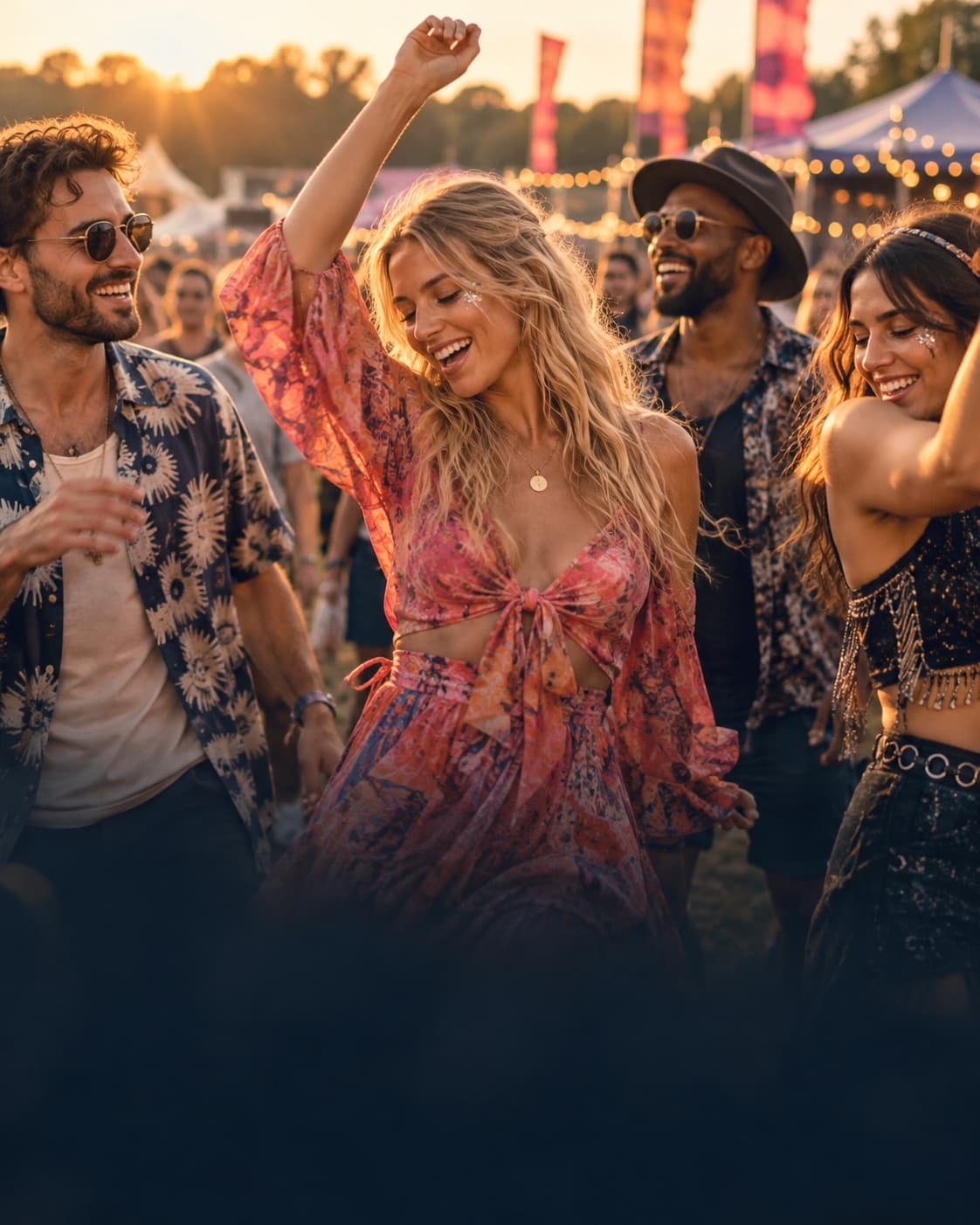 Friends dancing together at an outdoor festival at golden hour