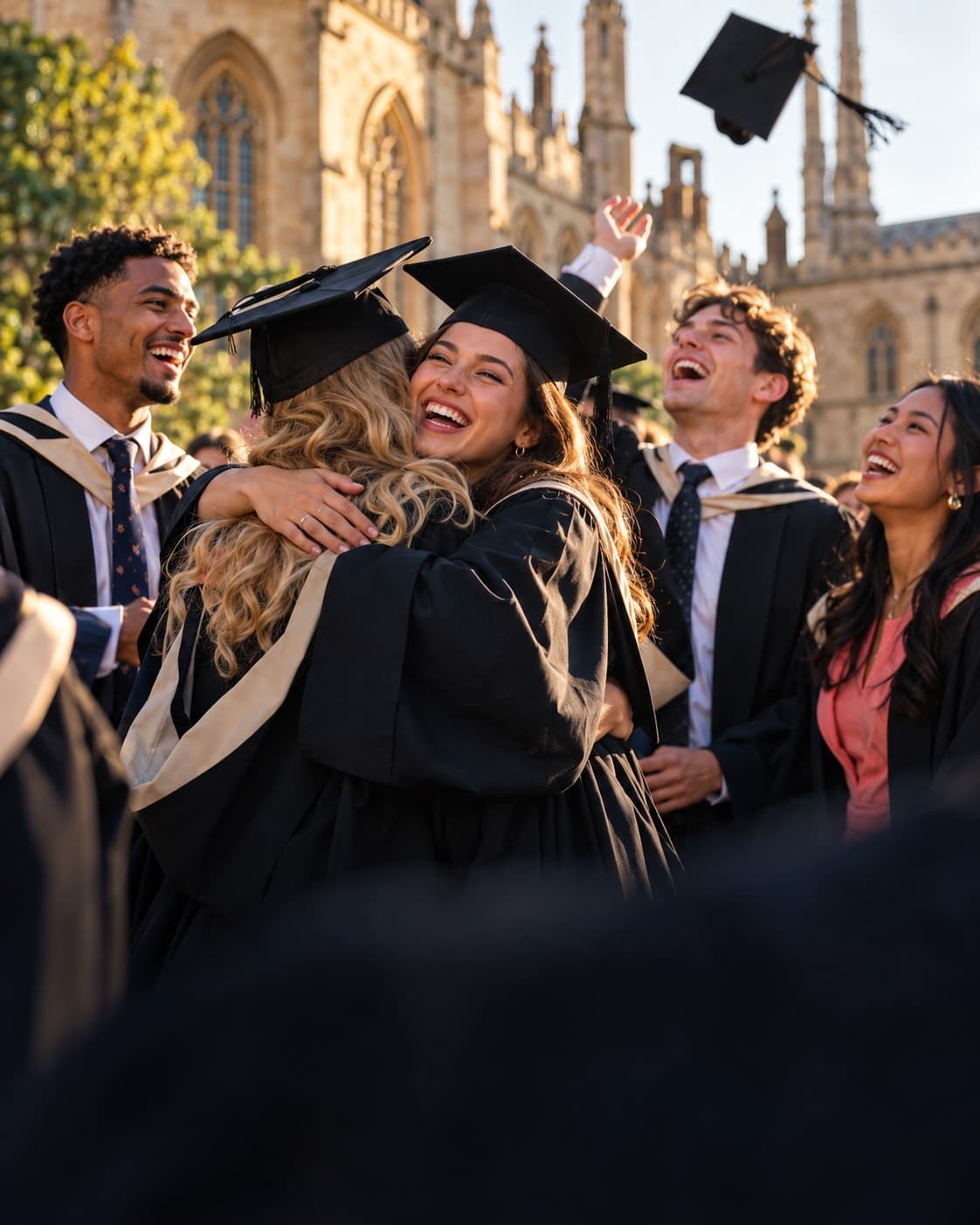 Graduates celebrating together on a sunny university campus