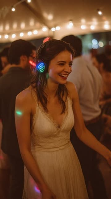 Guest dancing in glowing silent disco headphones