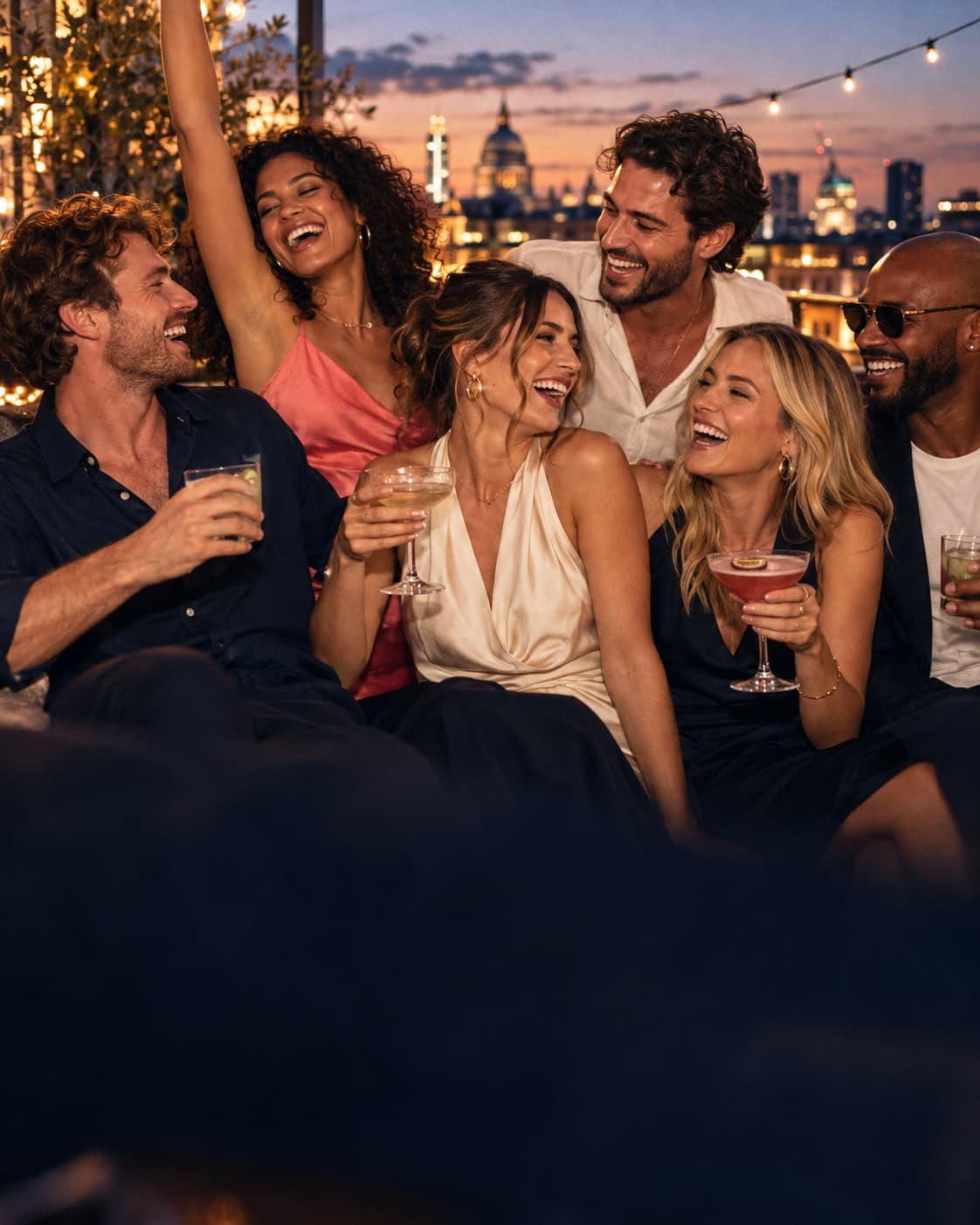 Friends laughing together over drinks on a city terrace at twilight
