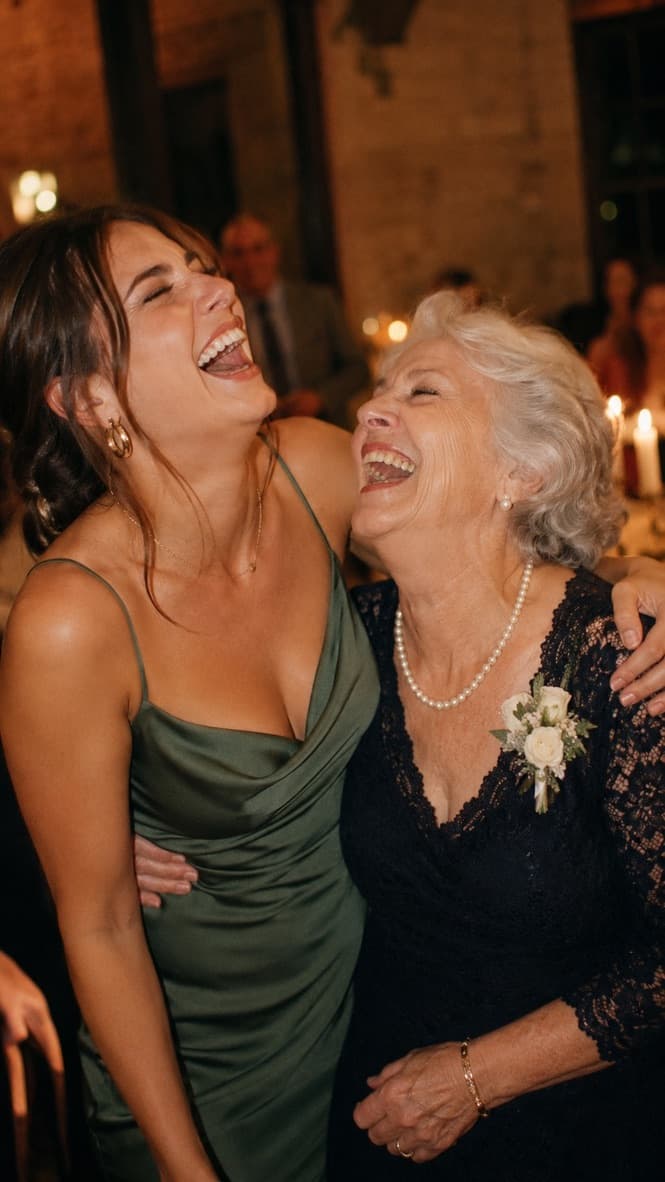 Wedding guest and her grandmother laughing together