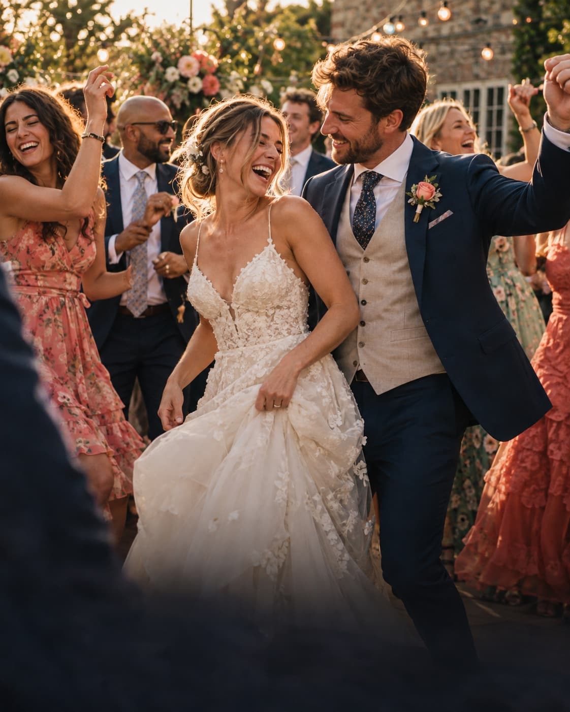 Newlyweds laughing and dancing with guests at an outdoor wedding reception